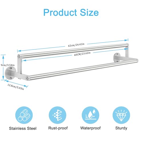 Double Towel Racks for Bathroom, 24 inch Double Towel Bar, Bathroom Towel Rack Wall Mounted, Double Towel Rod Stainless Steel Bathroom Towel Holder(Brushed Nickel) - size: 24 Inch