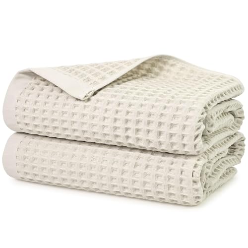 Waffle Bath Towels Set of 2 (Mist White) – Cotton, Quick Dry, Low Lint | 31” x 62” Large Towels for Bathroom Shower Spa Pool - color: Mist White