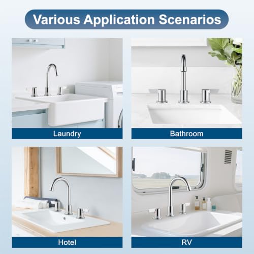 Bathroom Sink Faucet 3 Hole, 8 Inch Widespread, Polish Chrome | Lead-Free SUS304 Stainless Steel 8-Inch Widespread Bathroom Faucet with Pop-Up Drain & Supply Lines - color: Polish Chrome