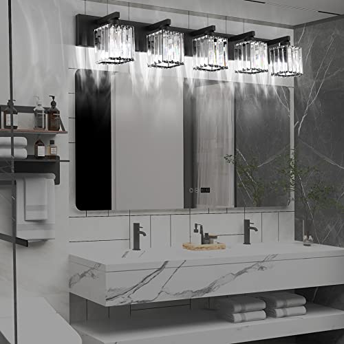 Aipsun Bathroom Vanity Light Black Light Fixtures 5 Light Crystal Vanity Light Modern Bathroom Lighting (Exclude Bulb) - color: Black, size: 40 inch
