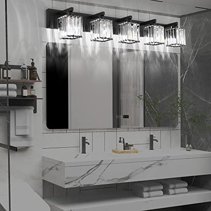 Aipsun Bathroom Vanity Light Black Light Fixtures 5 Light Crystal Vanity Light Modern Bathroom Lighting (Exclude Bulb) - color: Black, size: 40 inch