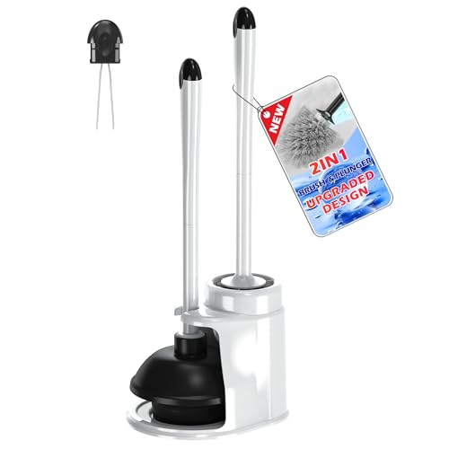 NEWE Toilet Brush and Plunger Set, 2 in 1 Toilet Plunger Heavy Duty, Toilet Brush and Holder with Hidden Tweezers, Toilet Bowl Brush for Bathroom Toilet