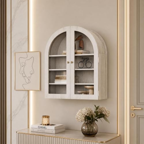 Arched Wall Cabinet, Bathroom Medicine Cabinet with Clear Acrylic Doors and Adjustable Shelves, Wall Mounted Storage Organizer for Over Toilet, Kitchen, Living Room, Gray - color: Grey