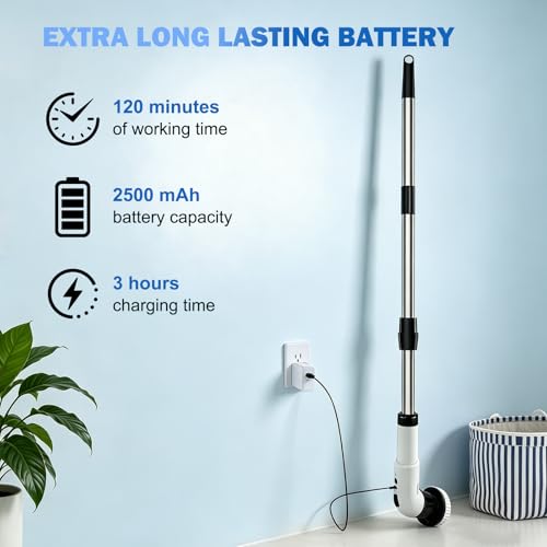 Electric Spin Scrubber, Cordless Shower Scrubber with 9 Scrub Brushes, 2 Speed & Battery Level Display, Adjustable Extension Handle Power Scrubber for Bathroom Tile Tub Floor