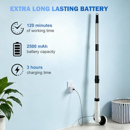 Electric Spin Scrubber, Cordless Shower Scrubber with 9 Scrub Brushes, 2 Speed & Battery Level Display, Adjustable Extension Handle Power Scrubber for Bathroom Tile Tub Floor