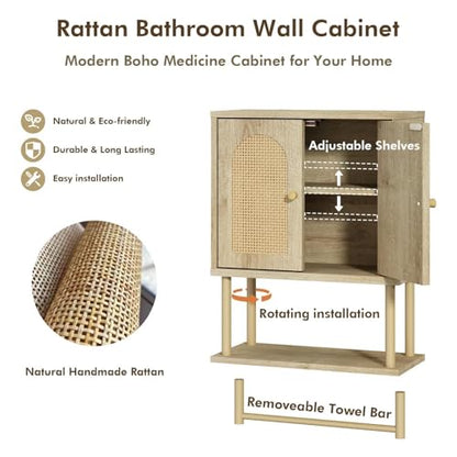 RUSTOWN Rattan Bathroom Wall Cabinet, Modern Boho Medicine Cabinets, Small | 2 Arched Rattan Doors, Adjustable Shelf, Towel Bar Rack, Over The Toilet Storage Cabinet for Bathroom, Living Room, Kitchen - size: Small