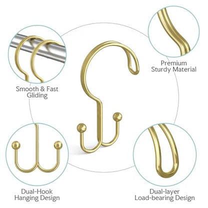 Bathway Gold Shower Curtain Hooks Ring, 12 Pcs Double Sided Shower Hooks, Rust Proof Metal Shower Hooks for Bathroom, Anti-Drop Shower Rings for Shower Curtain & Liners - color: Gold, style: Double-layer Shower Hooks