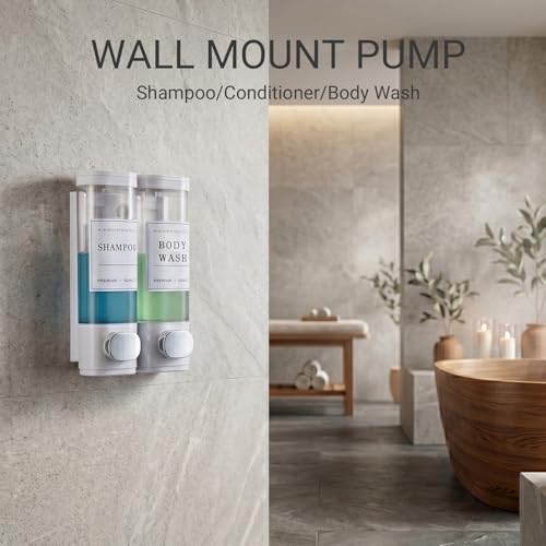 Shampoo and Conditioner Dispenser, Shower Soap Dispenser Wall Mounted, Shampoo Dispenser for Shower Wall No Drill, Bathroom Body Wash Dispenser 2 * 350ml White 2 Chamber - size: 2