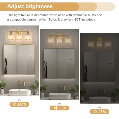 Brushed Gold Bathroom Light Fixtures, Round, 3-Light | Vanity Lights with Crystal Shades, Modern Bathroom Lighting Fixtures over Mirror (Bulbs Not Included, E26) - color: Brushed Gold (Round), size: 3-Light