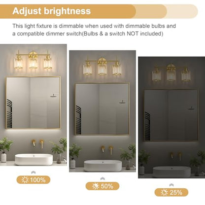Brushed Gold Bathroom Light Fixtures, Round, 3-Light | Vanity Lights with Crystal Shades, Modern Bathroom Lighting Fixtures over Mirror (Bulbs Not Included, E26) - color: Brushed Gold (Round), size: 3-Light