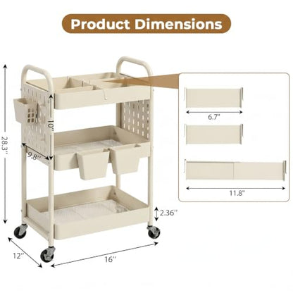 3 Tier Rolling Cart with Retractable Dividers, Multi-Functional White Rolling Utility Cart with Pegboards, Hooks & Hanging Cups for Nursery, Living Room, Studio - color: Beige