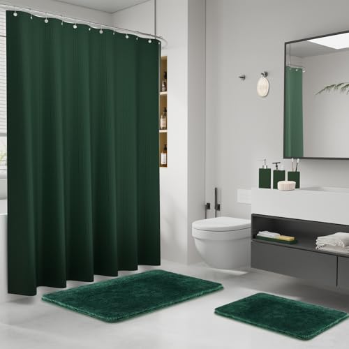 Green Bathroom Set, Dark Green Bathroom Accessories Set with Shower Curtain and No-Slip Bath Rugs, Natural Loofah Sponge, Soap Dispenser, Toothbrush Holder, Bathroom Tumbler and Tray for Bathroom - size: Bath Set+Shower Curtain+Bath Rugs+2PCS Loofah, styl