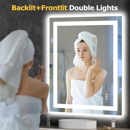 Hivone 28"X36" LED Bathroom Mirror with Lights, Anti-Fog, Dimmable, Backlit + Front Lit, Smart Bathroom Vanity Mirror, Memory Function, Shatterproof, Tempered Glass (Horizontal/Vertical) - size: 28"L x 36"W