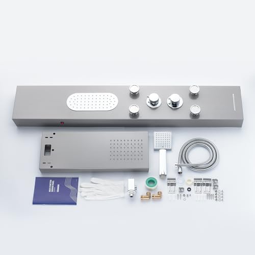 5-Function LED Shower Panel Tower System 4 Jets Stainless Steel | LED rain head | 4 massage jets | Body waterfall spray | Handheld shower | Tub spout | Brushed finish - color: Brushed Nickel