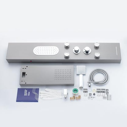 5-Function LED Shower Panel Tower System 4 Jets Stainless Steel | LED rain head | 4 massage jets | Body waterfall spray | Handheld shower | Tub spout | Brushed finish - color: Brushed Nickel