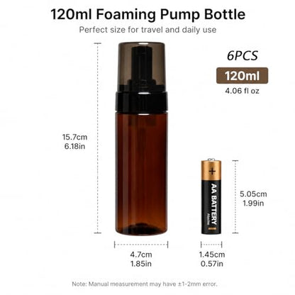 5 Packs 120ml (4oz) Amber Plastic Foam Pump Bottles with Black Foaming Dispenser Refillable Travel Mousse Bottles with Clear Black Caps for Facial Cleanser, Soap, Shampoo, Skincare