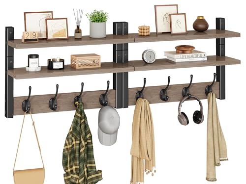 YMYNY Double Shelf Coat Rack Wall Mount with 8 Hooks, Silver Gray HWS009Y-2 | Wooden Coat Hanger Key Holder Wall Mount for Coats Hats Keys - Wood Wall Mounted Coat Rack with Shelf for Entryway & Bathroom - color: Silver Gray