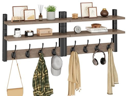 YMYNY Double Shelf Coat Rack Wall Mount with 8 Hooks, Silver Gray HWS009Y-2 | Wooden Coat Hanger Key Holder Wall Mount for Coats Hats Keys - Wood Wall Mounted Coat Rack with Shelf for Entryway & Bathroom - color: Silver Gray