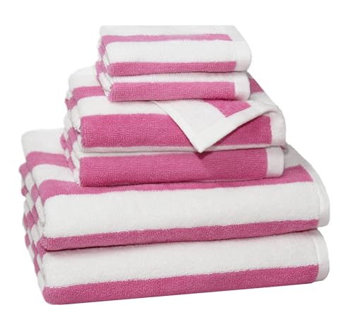 ORIGINAL KIDS 6 Piece Towel Set - 100% Cotton Cabana Stripe Kids Towel Set | Bath Time Stripe Beach Pool Bathroom Towel Set - Soft Absorbent Plush - 2 Bath Towels, 2 Hand Towel, 2 Washcloth - Pink White - color: Pink White, size: Set of 6 - Bath-Hand-Wash
