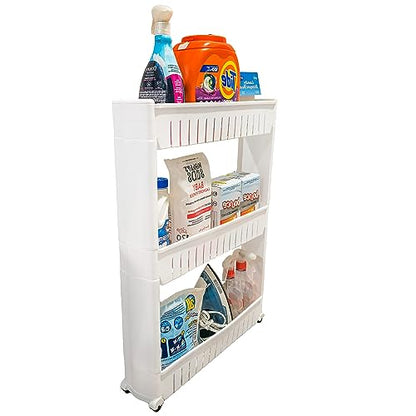 Slim Rolling Storage Cart - Narrow Slide Out Shelving Utility Cart - Mobile Storage for Laundry, Bathroom, Kitchen & Between Washer and Dryer. - color: White