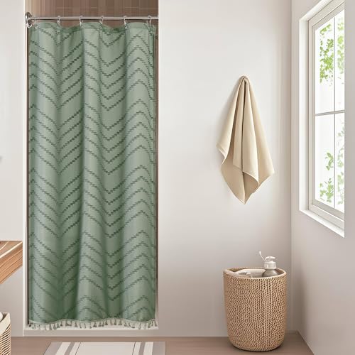 Small Boho Stall Shower Curtain, Sage Green Fabric Cloth Stall Shower Curtain 36 x 72 Half Size with Tassel Tufted Chevron Striped Textured Modern Farmhouse for Bathroom, Machine Washable - color: Sage Green, size: 36"W x 72"L (Pack of 1)