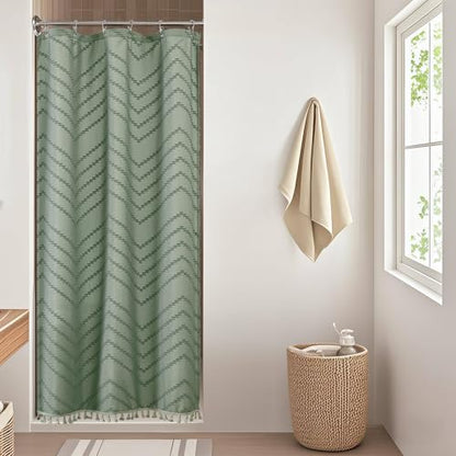 Small Boho Stall Shower Curtain, Sage Green Fabric Cloth Stall Shower Curtain 36 x 72 Half Size with Tassel Tufted Chevron Striped Textured Modern Farmhouse for Bathroom, Machine Washable - color: Sage Green, size: 36"W x 72"L (Pack of 1)