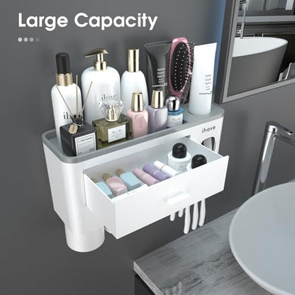 iHave Toothbrush Holders Wall Mounted with Toothpaste Dispenser & 3 Cups | All-in-One Bathroom Organizer: 3 Cups, 6 Slots, Toothpaste Dispenser, Large Tray & Drawer. Wall Mount, No Drilling Required - color: White, size: 3 cup