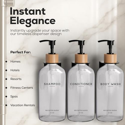 Clear Shampoo and Conditioner Dispenser Set Wall Mounted by Brighter Barns - Plastic Shower Dispenser 3 Chamber No Drill - Refillable Shampoo, Body Wash and Conditioner Bottle for Shower Wall (Clear) - color: Boho (Clear)