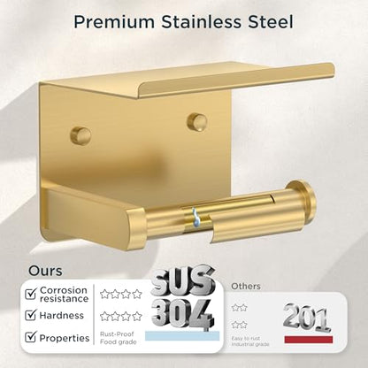 FORIOUS Toilet Paper Holder with Shelf, Adhesive or Screw, Brushed Gold | Wall Mount Toilet Paper Roll Holder for Bathroom, Stainless Steel Commercial Toilet Tissue Roll Dispenser with Phone Shelf - color: Brushed Gold