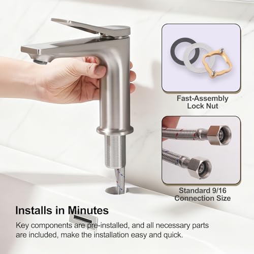 Rbrohant Single Hole Bathroom Faucet, Brushed Nickel Single Handle Bathroom Sink Faucets for 1 Hole, Bathroom Vanity Faucet with Pop up Drain, Deck Mount, R2001-BN - color: Brushed Nickel, style: No Escutcheon