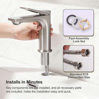 Rbrohant Single Hole Bathroom Faucet, Brushed Nickel Single Handle Bathroom Sink Faucets for 1 Hole, Bathroom Vanity Faucet with Pop up Drain, Deck Mount, R2001-BN - color: Brushed Nickel, style: No Escutcheon