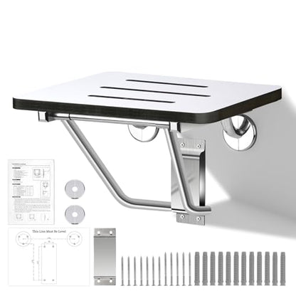 18" Foldable Wall Mounted Fold Down Shower Seat, ADA Compliant Folding Shower Bench with Phenolic Resin Surface No Peeling No Cracking, Triangular Stainless Steel Frame, 420lbs Capacit