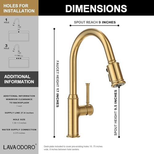 Lava Odoro Magnetic Bronze Gold Kitchen Faucet with Pull Down Sprayer | Gold Kitchen Sink Faucet with Magnetic Docking, 3-Function Sprayhead 1 Hole, Deck Plate Included, KF421-BB-M - color: Brushed Bronze, style: 3-Mode, Magnetic