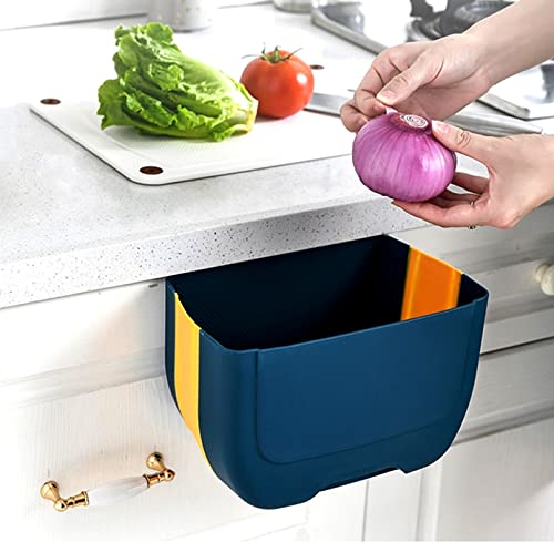 Hanging Folding Mini Trash Can for Kitchen Cabinet Door, Small Collapsible Garbage Bin Under Sink,Wall Mounted Folding Waste Bin- Mini Garbage Container for Cabinet/Bedroom/Bathroom 3L (Blue Yellow) - color: Blue Yellow