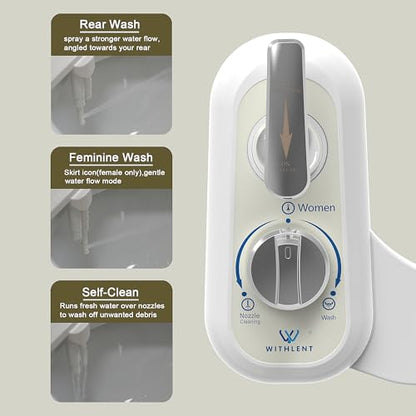 Left Handed Bidet Attachment for Toilet - Self-Cleaning control panel on left side Dual Nozzle (Frontal & Rear Wash) Non-Electric Adjustable Water Pressure, Water Bidet Toilet Seat Attachment - color: Silver handle