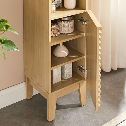 Modway Render Tall Narrow Bathroom Storage Tower in Oak - 63” Freestanding Linen Cabinet with Open Shelves and 2 Soft-Close Doors - Slim Towel and Makeup Organizer