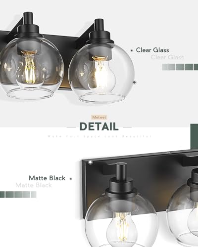 6-Light Matte Black Bathroom Vanity Light, Clear Glass Globe Shade | 38" modern bathroom light fixtures over mirror, E26 base, bulbs not included, VL195-MB-6 - color: Black, Clear Glass, size: 6-light
