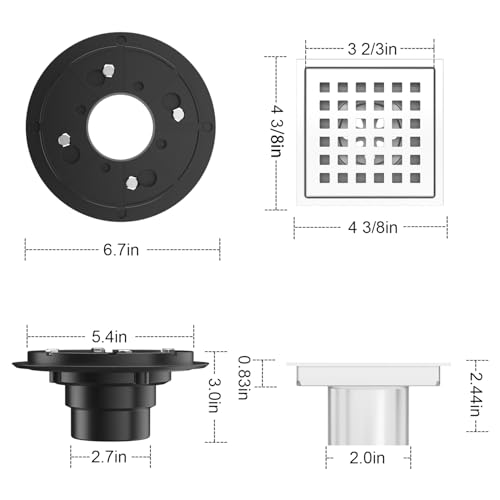 EXF Square Shower Drain 4-3/8 Inch Chrome with ABS Flange | Stainless Steel, Anti-Clog, Removable Grid Grate Hair Catcher, for Modern Bathroom Remodel Curbless Shower - color: Chrome, size: 4IN