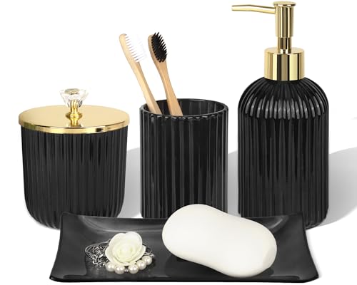 Designer Black Glass Bathroom Accessories Sets - 4 Pcs with Lotion Soap Dispenser, Bathroom Toothbrush Holder, Vanity Tray, and Apothecary Jar, Vintage Bathroom Decor, Gift Countertop Organizer - color: Glass Black