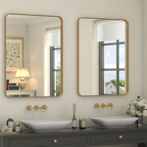 2 Pack of 22x30 Inch Gold Bathroom Mirror Metal Frame | Rounded Rectangle Gold Framed Mirror, Gold Brass Bathroom Vanity Mirror, Anti-Rust, Hangs Horizontally or Vertically - color: Gold, size: 22x30(2Pack)