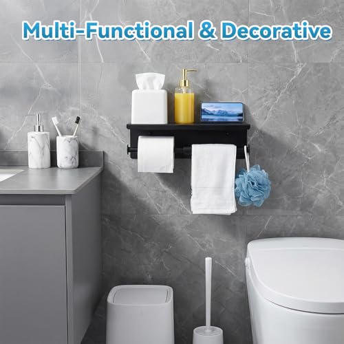 Double Bathroom Toilet Paper Roll Holder with Shelf Wall Mount Tissue Roll Holder Stainless Steel Wall Mounted RV Tissue Rolls Holders Toilet Paper Holders with Shelf, Matte Black
