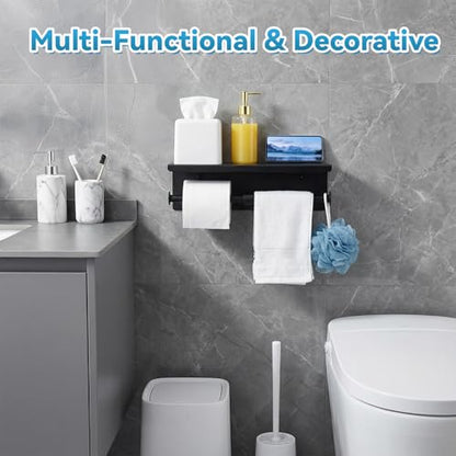 Double Bathroom Toilet Paper Roll Holder with Shelf Wall Mount Tissue Roll Holder Stainless Steel Wall Mounted RV Tissue Rolls Holders Toilet Paper Holders with Shelf, Matte Black