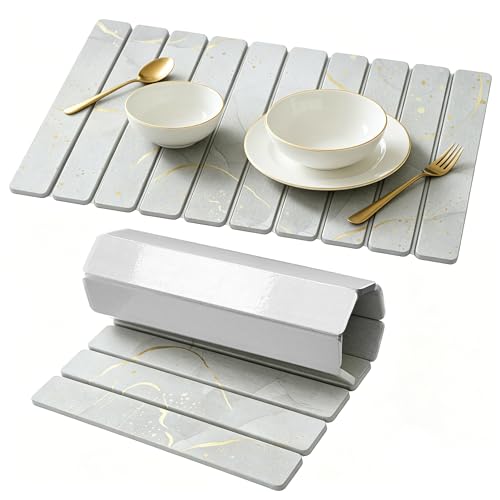 Stone Drying Mat for Kitchen Counter, Quick Diatomaceous Earth Mats for Dishes, 24"L x 16" W Super Absorbent Fast-Drying Collapsible Countertop Stone Mat (Marble White Yellow, 24" x 16") - color: Marble White Yellow
