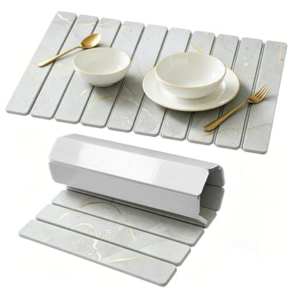 Stone Drying Mat for Kitchen Counter, Quick Diatomaceous Earth Mats for Dishes, 24"L x 16" W Super Absorbent Fast-Drying Collapsible Countertop Stone Mat (Marble White Yellow, 24" x 16") - color: Marble White Yellow