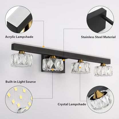 Black Crystal Bathroom Vanity Light Fixtures Over Mirror for Bathroom Lighting (4 Lights)