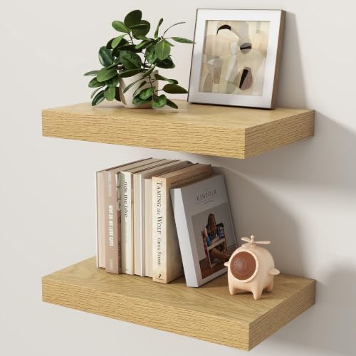 Floating Shelves for Wall, 16 Inch x 8 Inch Deep Wall Mounted Wood Shelf with Invisible Brackets for Storage & Display, Living Room Bedroom Kitchen, Oak, Set of 2 - color: Oak, size: 16 Inch, Set of 2