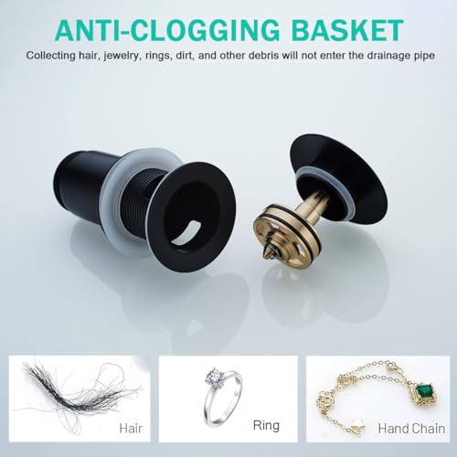 All Metal Bathroom Sink Drain,Pop-up Drain with Detachable Basket Stopper,Anti-Clogging Drain Strainer,Hair Catcher,for Vanity Vessel Sink with Overflow,SE83997PB-1MB - color: Matte Black(with Overflow)