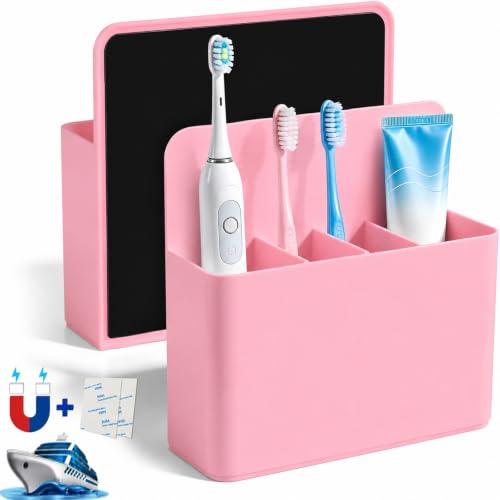 AgePlace 2 Pack Magnetic Toothbrush Holder for Cruise Ship Cabins,Wall Mounted Toothbrush Organizer with 3 Removable Dividers,Travel Must Haves,Cruise Essentials 2026 for Alaska & Caribbean Cruises - color: Pink