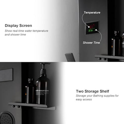 Homevacious 4 In 1 Shower Panel System with Shelf Matte Black | LED Rain Shower Head Adjustable Massage Body Jets 3 Functions Handheld Head Tub Spout Stainless Steel - color: Matte Black, style: LED Shower Panel