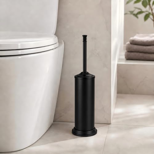 Black Toilet Brush and Holder Set，Extra Long Handled Toilet Bowl Brush and Holder，Stainless Steel Heavy Duty Toilet Brush for Bathroom,Deep Cleaning Modern Toilet Cleaner Slip Base - color: Black